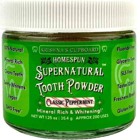 Krishna's Cupboard Supernatural Organic Tooth Cleaning Powder, All Natural, Stain Remover, Remineralizing & Teeth Whitening, Fluoride Free Vegan Sensitive Teeth Powdered Toothpaste, Spearmint 1.25 oz in Saudi Arabia