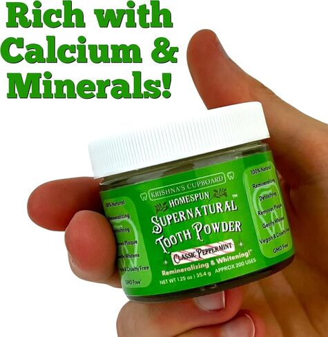 Krishna's Cupboard Supernatural Organic Tooth Cleaning Powder, All Natural, Stain Remover, Remineralizing & Teeth Whitening, Fluoride Free Vegan Sensitive Teeth Powdered Toothpaste, Spearmint 1.25 oz in Saudi Arabia
