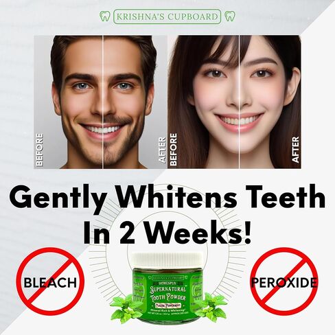 Krishna's Cupboard Supernatural Organic Tooth Cleaning Powder, All Natural, Stain Remover, Remineralizing & Teeth Whitening, Fluoride Free Vegan Sensitive Teeth Powdered Toothpaste, Spearmint 1.25 oz in Saudi Arabia