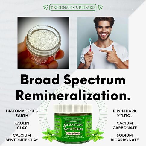 Krishna's Cupboard Supernatural Organic Tooth Cleaning Powder, All Natural, Stain Remover, Remineralizing & Teeth Whitening, Fluoride Free Vegan Sensitive Teeth Powdered Toothpaste, Spearmint 1.25 oz in Saudi Arabia