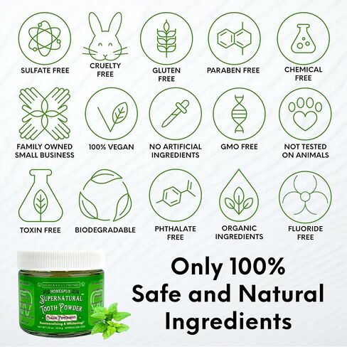 Krishna's Cupboard Supernatural Organic Tooth Cleaning Powder, All Natural, Stain Remover, Remineralizing & Teeth Whitening, Fluoride Free Vegan Sensitive Teeth Powdered Toothpaste, Spearmint 1.25 oz in Saudi Arabia