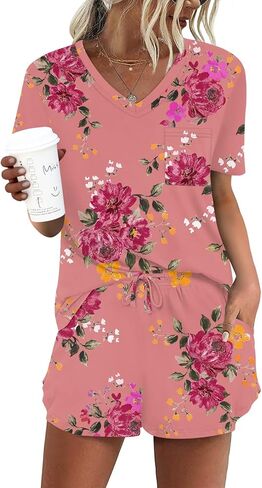 أطقم بيجامات نسائية من DB MOON مكونة من قطعتين بيجامات قصيرة لطيفة مع جيوب ملابس نوم in Kuwait