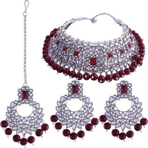 I Jewels 18k Silver Plated Indian Wedding BollywoodPearl Kundan Studded Choker Jewellery Necklace Set with Maang Tikka for Women (K7218Z-1)