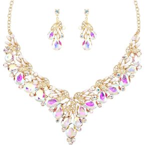 Gold Plated Wedding Bridal Bridesmaid Austrian Crystal Pearl Costume Statement Necklace Dangle Earrings Jewelry Set for Wedding Party Prom