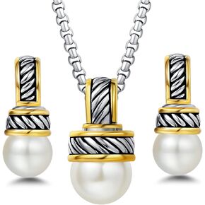 UNY JEWEL Two Tone Twisted Cable Wire 12mm Imitation Pearl Women Pendant Necklace Post Earring Set