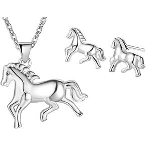 Lucky Running Horse Pendant Necklace Stud Earrings Jewelry Set for Women Girls Kids Cute Wedding Animal Jewelry Party Gift-1