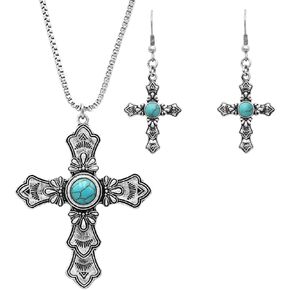 Rosemarie & Jubalee Women's Statement Western Cowgirl Turquoise Christian Cross Necklace And Earrings Jewelry Set
