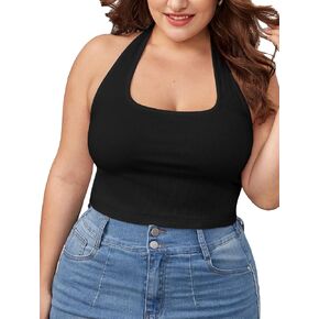 WDIRARA Women's Plus Size Sleeveless Backless Rib Knit Crop Halter Top