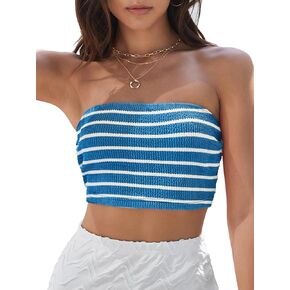 Verdusa Women's Stripe Print Tube Top Backless Strapless Crop Tops