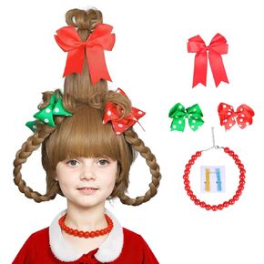 FantaLook Long Braided Light Brown Christmas Cosplay Wig with Red Bead Necklace and Red and Green Polka Dot Bows for Halloween Costume