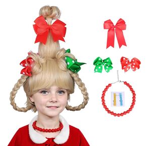 FantaLook Long Braided Light Brown Christmas Cosplay Wig with Red Bead Necklace and Red and Green Polka Dot Bows for Halloween Costume