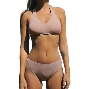 CUPSHE Women Swimsuit Bikini Set Ribbed Halter Two Piece Bathing Suit with Standard Coverage