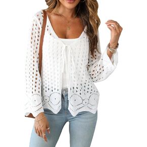 SweatyRocks Women's V Neck Long Sleeve Hollow Out Cardigan Scallop Trim Tie Front Sweater