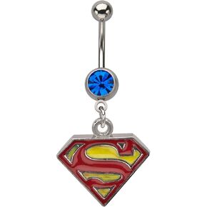 DC Comics Unisex Superman Logo 316 Surgical Stainless Steel Dangle Charm Navel Ring with Blue Gem. Color: Red, Yellow, Blue.