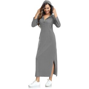 Women Zip Up Pullover Hoodie Maxi Dress 3/4 Sleeve Lightweight Slim Split Drawstring Sweatshirt Kangaroo pocket