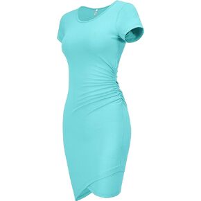 Missufe Women's Summer Short Sleeve Fitted Ruched Bodycon Irregular Mini Sheath Dress