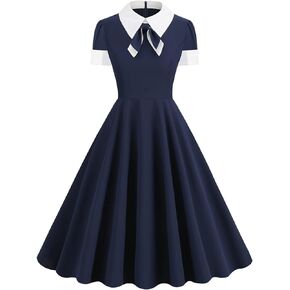 Shin Fashion Women's 1950's Vintage Dress Cute Pink Bow Tie Neck Swing Knee Coctail Dress