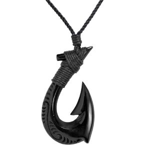 Hand Carved Horn Hei Matau Necklace Engraved - Fish Hook Pendant Necklace - Maori Style Tribal Men's Necklaces - Surfer Necklace - Carved Bone Pendant