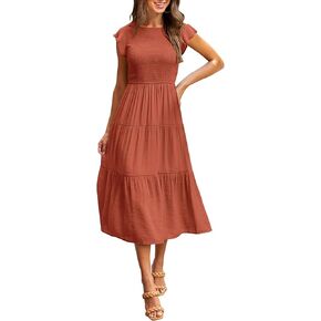 DLFE Womens Summer Casual Midi Dress Smocked Crewneck Flutter Short Sleeve Boho Tiered Maxi Dresses