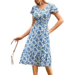 JASAMBAC Women Summer Dresses 2024 Casual Flowy Beach V Neck Ruffle Sleeve Smocked Back Waist Floral Midi Dress with Pockets