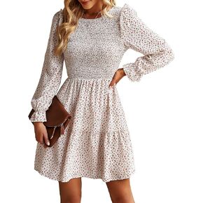 KIRUNDO Women Spring Summer Long Sleeve Floral Dress Casual Crewneck Smocked High Waist Ruffle A Line Flowy Mini Dresses