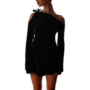 فستان نسائي من COZYEASE بكتف واحد مجوف وأكمام طويلة وربطة عنق أنيقة in Kuwait