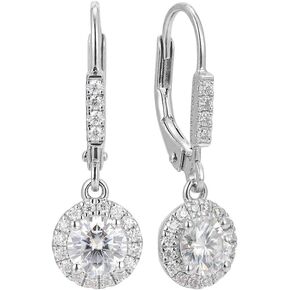DovEggs 1ct 5mm G-H-I Color Moissanite Halo Leverback Drop Hoop Earring with Accents 14K Gold QUALITY Silver Earrings for Women