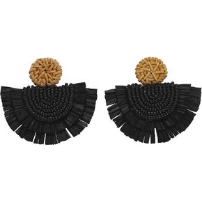COIRIS Bohemia Beaded Fringe Statement Earrings with Long Dangling Tassel Raffia Earrings for Women