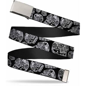 Buckle-Down Web Belt - The Dust of Living II Sugar Skulls Black/White
