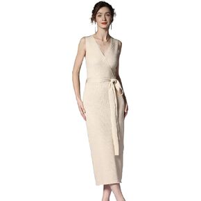 V Neck Sleeveless Midi Sweater Dress Bottom Knitted Bodycon Dress Chic Ribbed Knit Wrap Dress