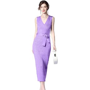 V Neck Sleeveless Midi Sweater Dress Bottom Knitted Bodycon Dress Chic Ribbed Knit Wrap Dress in Kuwait