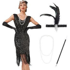 IDOPIP Women's Flapper Dress 1920s Gatsby Party Sequin Fringe Dresses Cocktail Wedding Dance Gown with 20s Accessories Set