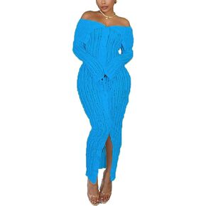 Vaceky Cocktail Dresses Women Sexy Sheer Fringe Off The Shoulder Bell Sleeve Button Down Front Slit Midi Dress