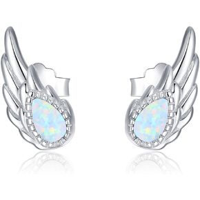 Angel Wing Earrings for Women,925 Sterling Silver Opal and Moonstone Angel Earrings Studs Angel Jewelry Gift for Angel Lover
