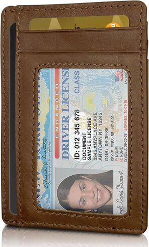 محفظة جيب أمامي من الجلد الطبيعي النحيف بخاصية حجب تحديد الهوية بموجات الراديو للرجال مع نافذة لبطاقة الهوية والسفر والعمل (أسود كربوني) in Kuwait