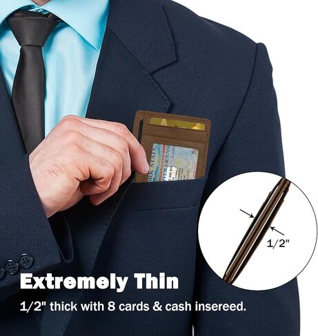 محفظة جيب أمامي من الجلد الطبيعي النحيف بخاصية حجب تحديد الهوية بموجات الراديو للرجال مع نافذة لبطاقة الهوية والسفر والعمل (أسود كربوني) in Kuwait