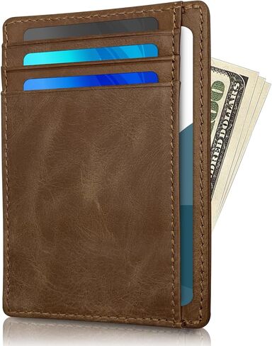 محفظة جيب أمامي من الجلد الطبيعي النحيف بخاصية حجب تحديد الهوية بموجات الراديو للرجال مع نافذة لبطاقة الهوية والسفر والعمل (أسود كربوني) in Kuwait