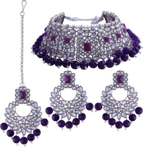 I Jewels 18k Silver Plated Indian Wedding BollywoodPearl Kundan Studded Choker Jewellery Necklace Set with Maang Tikka for Women (K7218Z-1) in Saudi Arabia