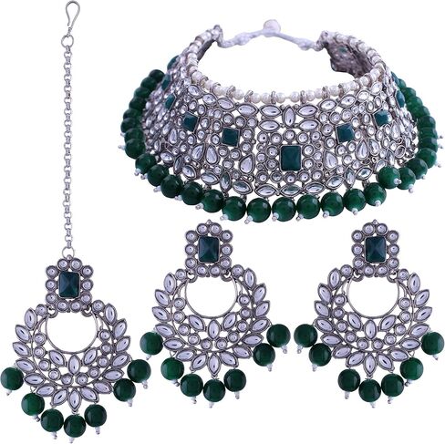 I Jewels 18k Silver Plated Indian Wedding BollywoodPearl Kundan Studded Choker Jewellery Necklace Set with Maang Tikka for Women (K7218Z-1) in Saudi Arabia