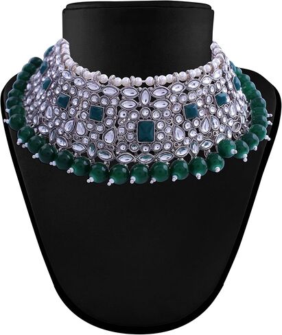I Jewels 18k Silver Plated Indian Wedding BollywoodPearl Kundan Studded Choker Jewellery Necklace Set with Maang Tikka for Women (K7218Z-1) in Saudi Arabia