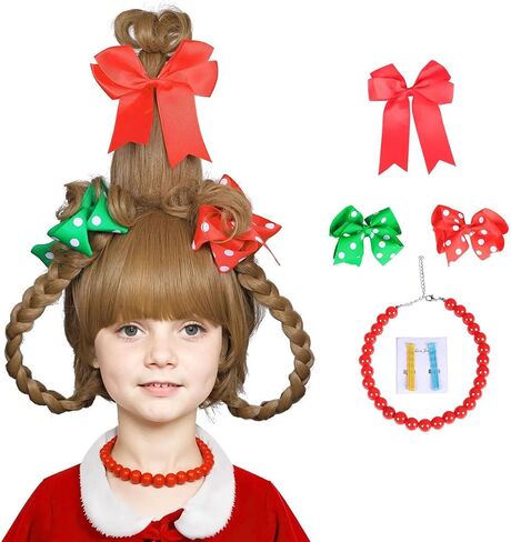 FantaLook Long Braided Light Brown Christmas Cosplay Wig with Red Bead Necklace and Red and Green Polka Dot Bows for Halloween Costume in Kuwait