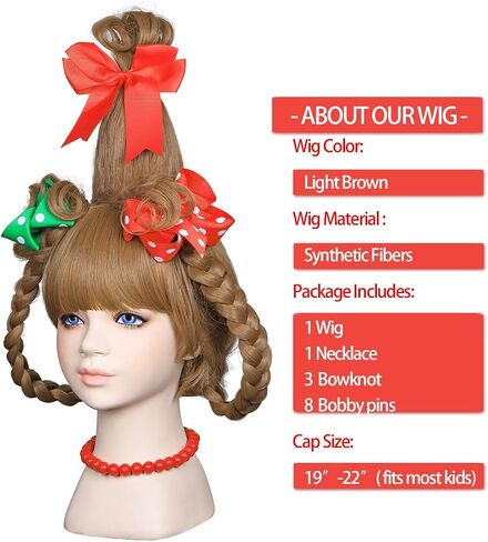 FantaLook Long Braided Light Brown Christmas Cosplay Wig with Red Bead Necklace and Red and Green Polka Dot Bows for Halloween Costume in Kuwait