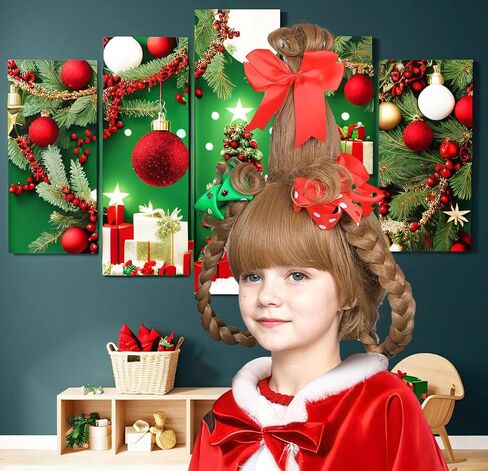 FantaLook Long Braided Light Brown Christmas Cosplay Wig with Red Bead Necklace and Red and Green Polka Dot Bows for Halloween Costume in Kuwait