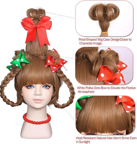FantaLook Long Braided Light Brown Christmas Cosplay Wig with Red Bead Necklace and Red and Green Polka Dot Bows for Halloween Costume in Kuwait