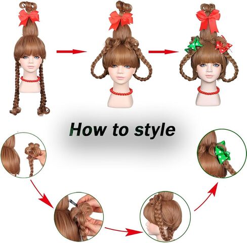 FantaLook Long Braided Light Brown Christmas Cosplay Wig with Red Bead Necklace and Red and Green Polka Dot Bows for Halloween Costume in Kuwait