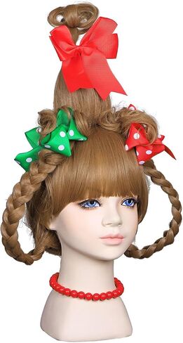 FantaLook Long Braided Light Brown Christmas Cosplay Wig with Red Bead Necklace and Red and Green Polka Dot Bows for Halloween Costume in Kuwait
