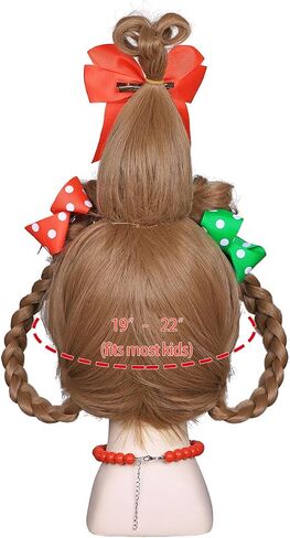 FantaLook Long Braided Light Brown Christmas Cosplay Wig with Red Bead Necklace and Red and Green Polka Dot Bows for Halloween Costume in Kuwait