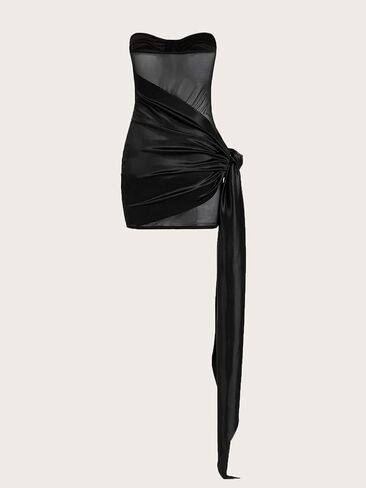 GORGLITTER Women's Contrast Mesh Draped Detail Tube Dress Strapless Mini Bodycon Dress in Saudi Arabia