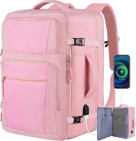 Travel Backpack, Large Backpack for Women, Airline Approved Carry On Backpack, 40-50L Expandable Waterproof Lightweight Casual Daypack College Computer Bag Fits 17 Inch Laptop, Gifts for Women, Pink in Saudi Arabia