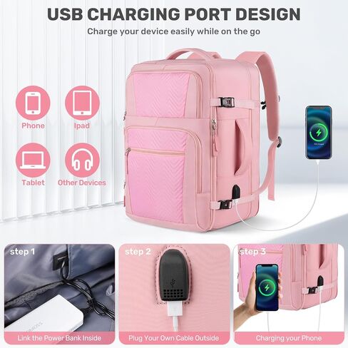 Travel Backpack, Large Backpack for Women, Airline Approved Carry On Backpack, 40-50L Expandable Waterproof Lightweight Casual Daypack College Computer Bag Fits 17 Inch Laptop, Gifts for Women, Pink in Saudi Arabia